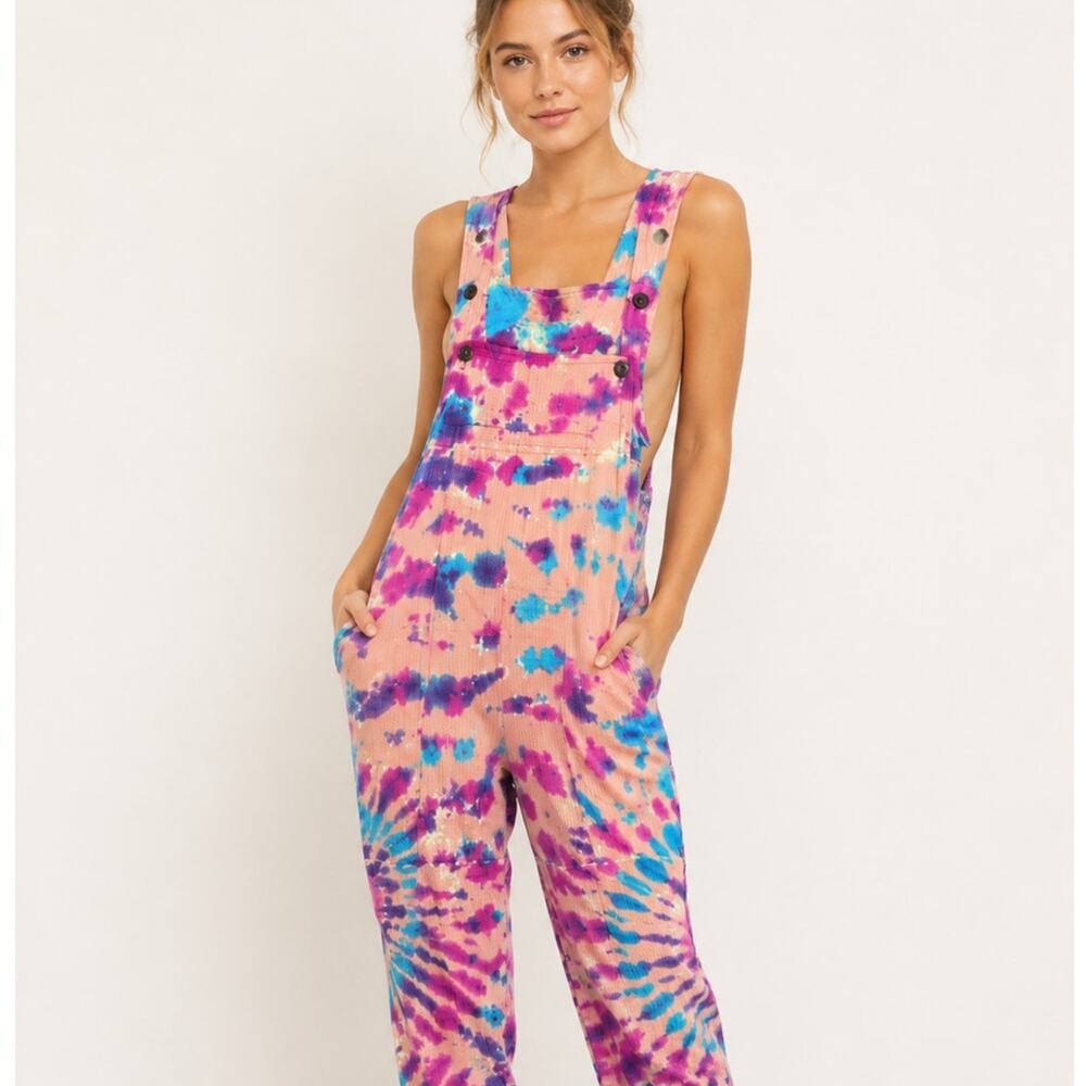 Rising International Cotton Tie Dye Overall Jumpsuit Adjustable Buttons Lrg NWOT